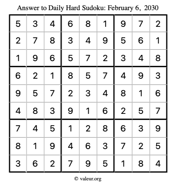 Answer to hard sudoku February 6, 2030