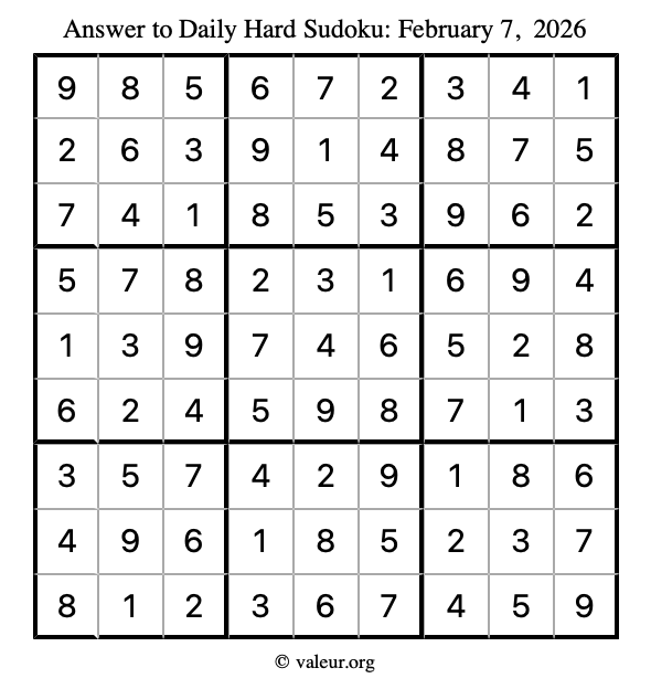Answer to hard sudoku February 7, 2026