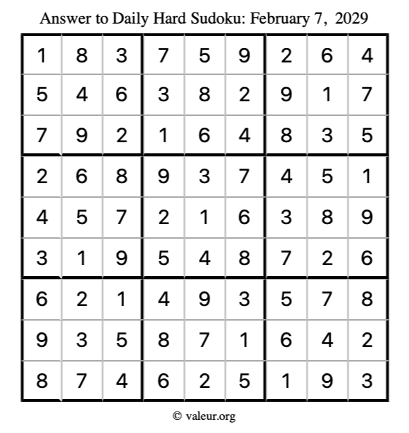 Answer to hard sudoku February 7, 2029