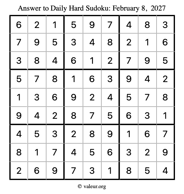 Answer to hard sudoku February 8, 2027