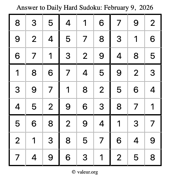 Answer to hard sudoku February 9, 2026