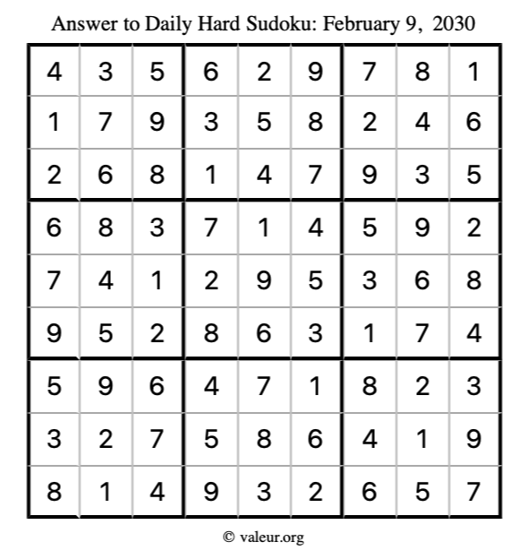 Answer to hard sudoku February 9, 2030