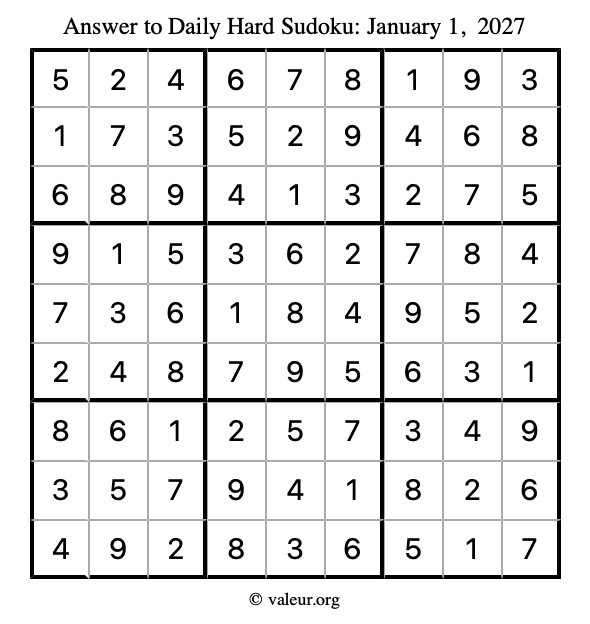 Answer to hard sudoku January 1, 2027