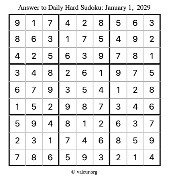 Answer to hard sudoku January 1, 2029