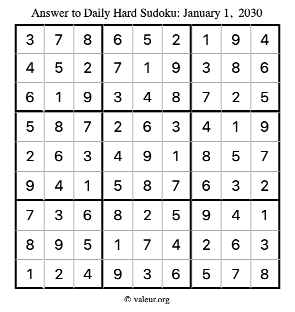 Answer to hard sudoku January 1, 2030