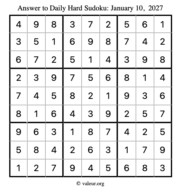 Answer to hard sudoku January 10, 2027