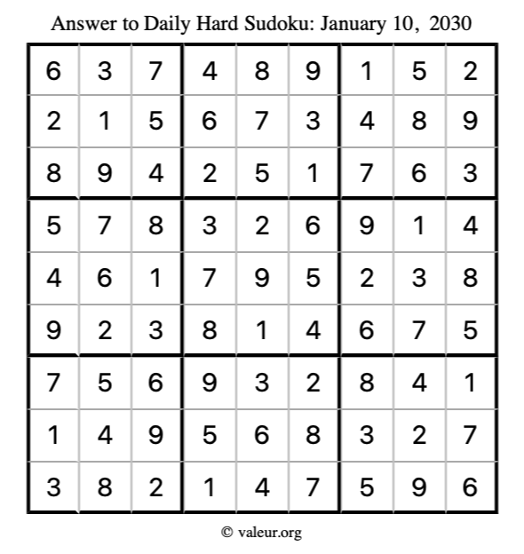 Answer to hard sudoku January 10, 2030
