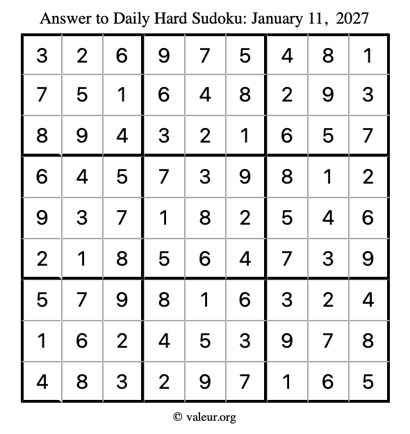Answer to hard sudoku January 11, 2027