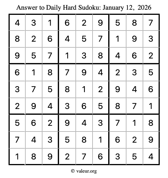Answer to hard sudoku January 12, 2026
