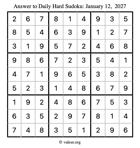 Answer to hard sudoku January 12, 2027