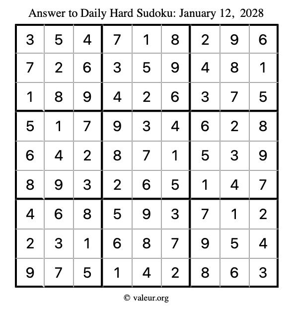 Answer to hard sudoku January 12, 2028