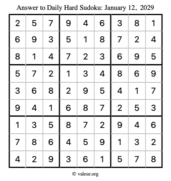 Answer to hard sudoku January 12, 2029