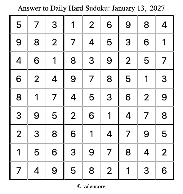 Answer to hard sudoku January 13, 2027