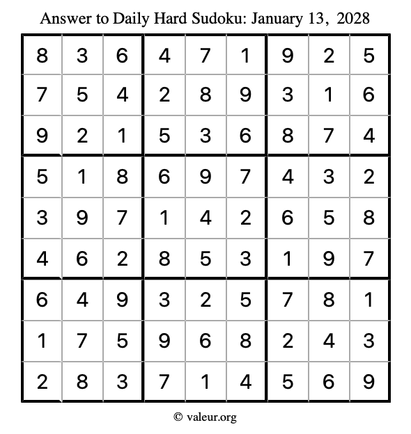 Answer to hard sudoku January 13, 2028
