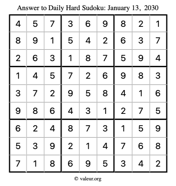Answer to hard sudoku January 13, 2030