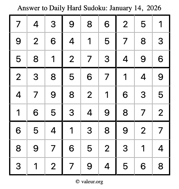 Answer to hard sudoku January 14, 2026