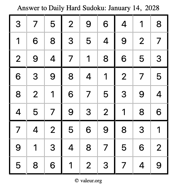 Answer to hard sudoku January 14, 2028