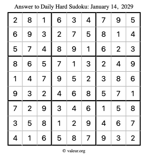 Answer to hard sudoku January 14, 2029