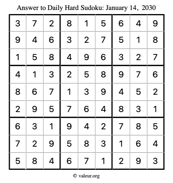 Answer to hard sudoku January 14, 2030