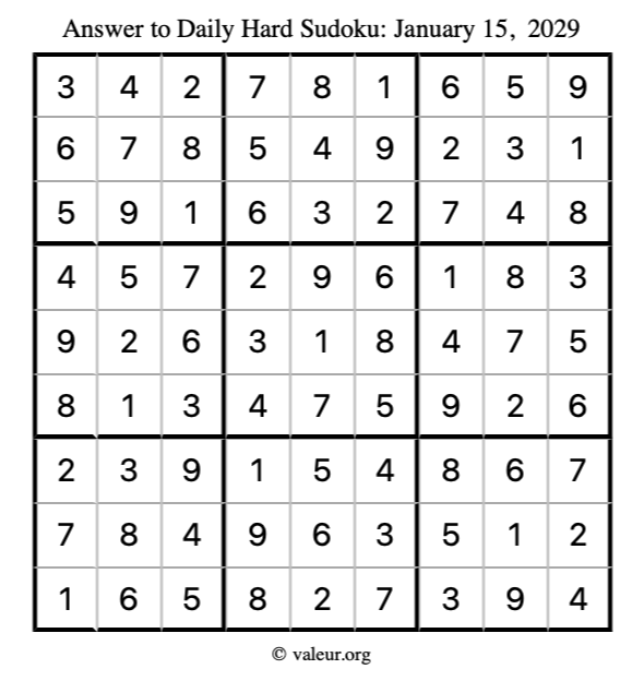 Answer to hard sudoku January 15, 2029