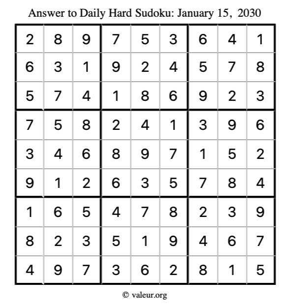 Answer to hard sudoku January 15, 2030