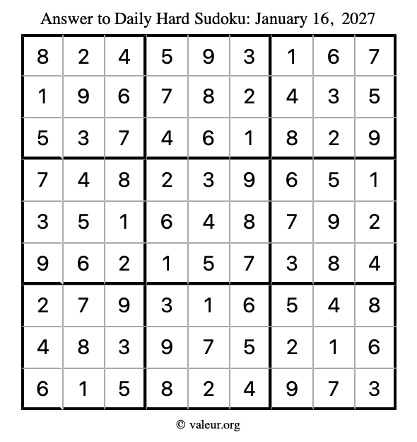Answer to hard sudoku January 16, 2027