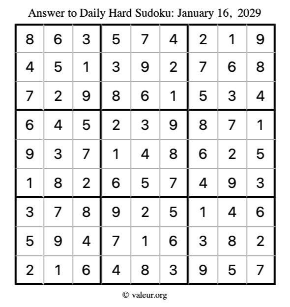 Answer to hard sudoku January 16, 2029