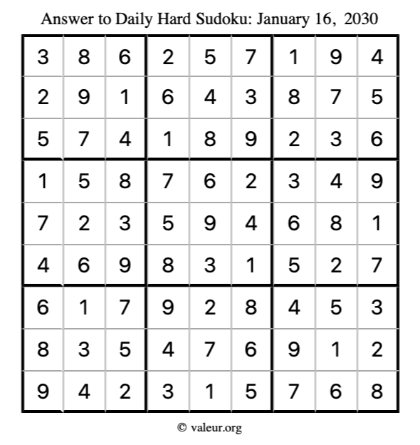 Answer to hard sudoku January 16, 2030