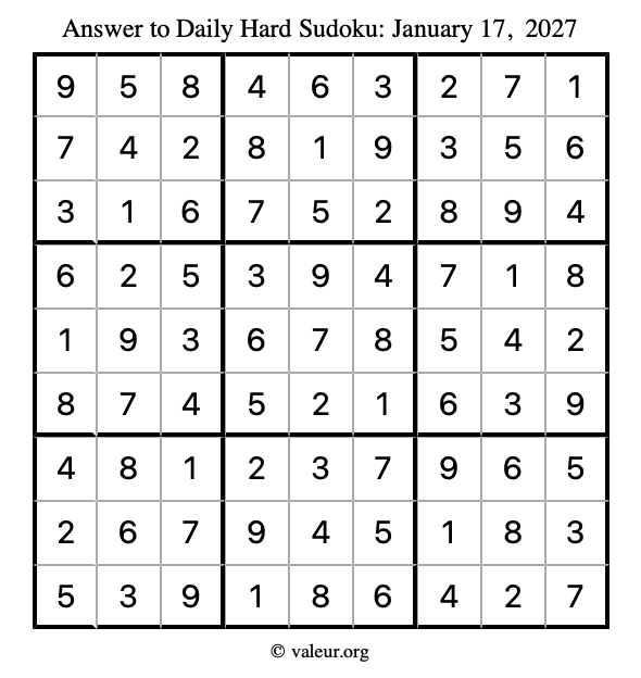 Answer to hard sudoku January 17, 2027