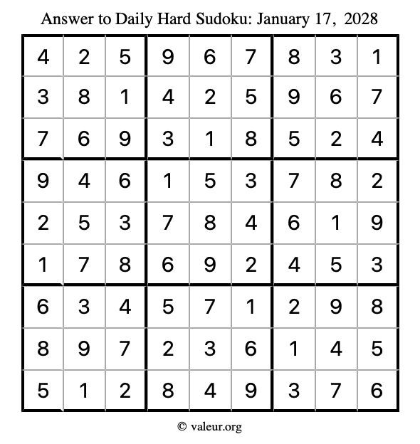 Answer to hard sudoku January 17, 2028