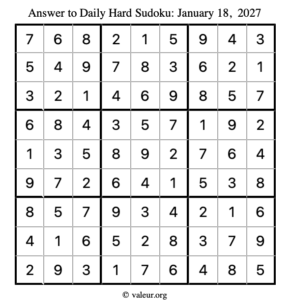 Answer to hard sudoku January 18, 2027