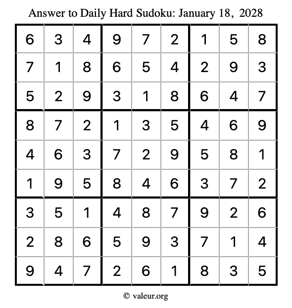 Answer to hard sudoku January 18, 2028