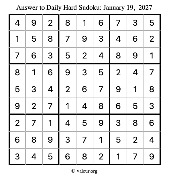 Answer to hard sudoku January 19, 2027