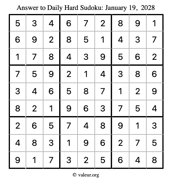 Answer to hard sudoku January 19, 2028