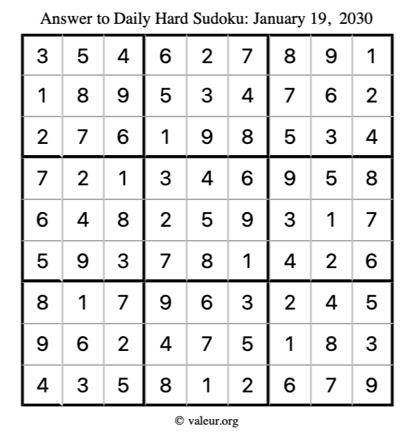 Answer to hard sudoku January 19, 2030