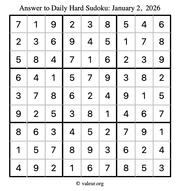 Answer to hard sudoku January 2, 2026