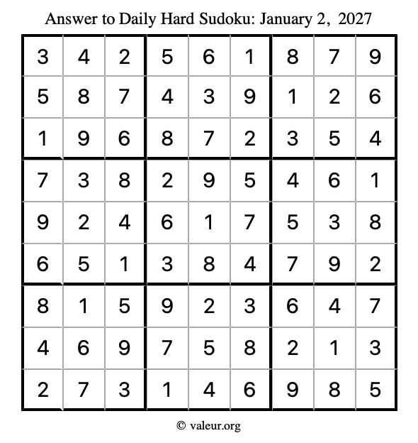 Answer to hard sudoku January 2, 2027