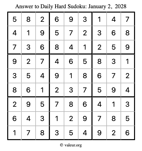 Answer to hard sudoku January 2, 2028