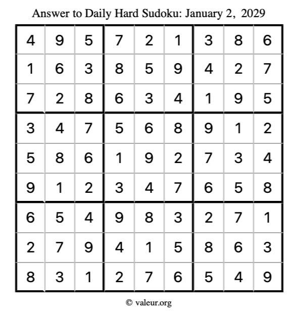 Answer to hard sudoku January 2, 2029