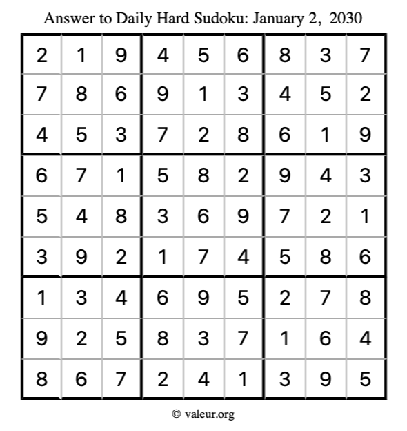 Answer to hard sudoku January 2, 2030