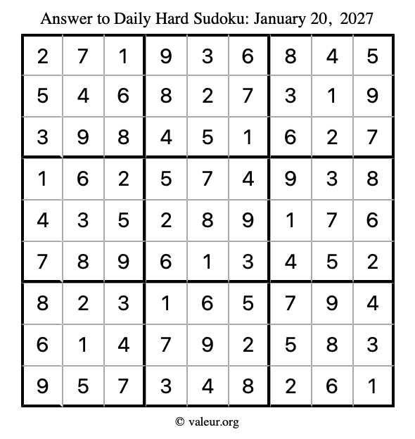 Answer to hard sudoku January 20, 2027