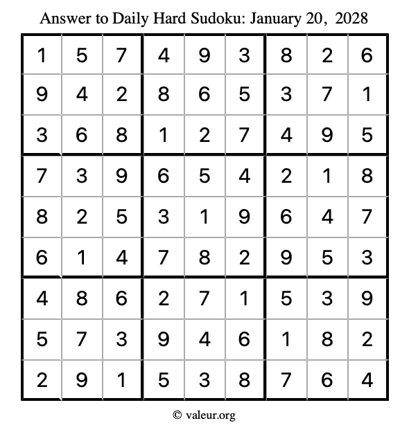 Answer to hard sudoku January 20, 2028