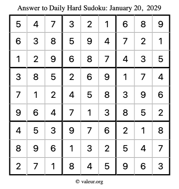 Answer to hard sudoku January 20, 2029