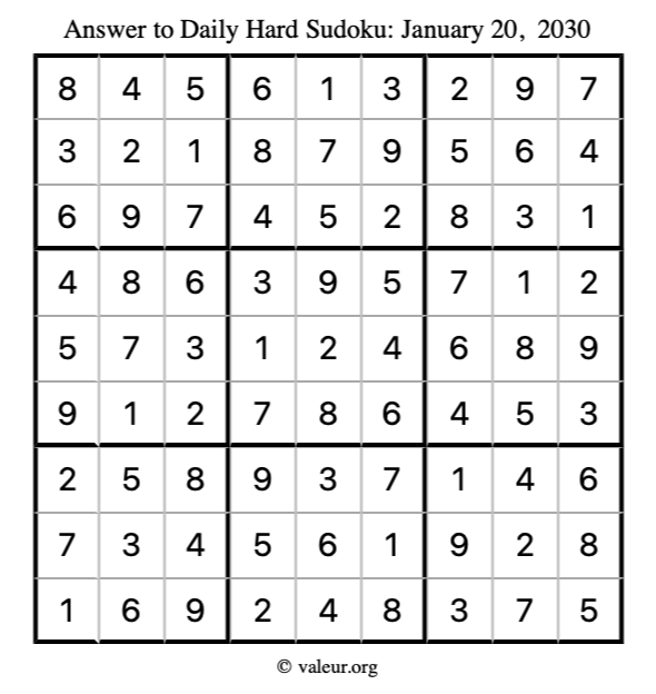 Answer to hard sudoku January 20, 2030