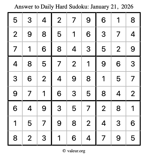 Answer to hard sudoku January 21, 2026