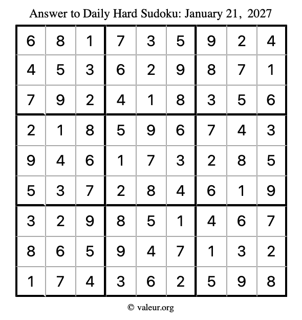 Answer to hard sudoku January 21, 2027