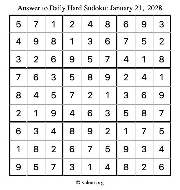 Answer to hard sudoku January 21, 2028