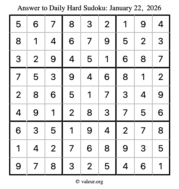 Answer to hard sudoku January 22, 2026