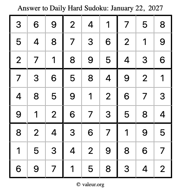 Answer to hard sudoku January 22, 2027