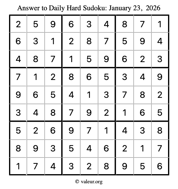 Answer to hard sudoku January 23, 2026